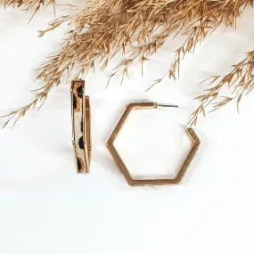 Gold Hexagon Hoops with Cow Hide Inlay in White Leopard Print