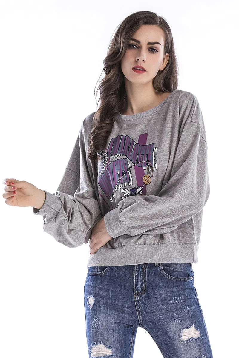 Gray Cartoon Print Pullover Sweatshirt