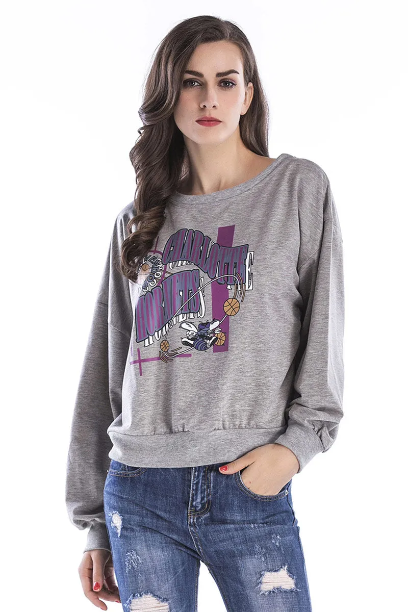 Gray Cartoon Print Pullover Sweatshirt