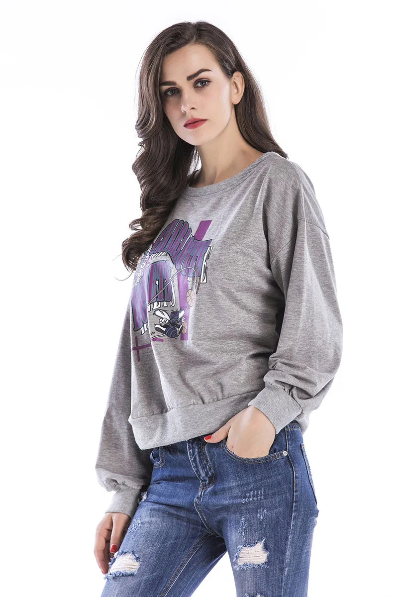 Gray Cartoon Print Pullover Sweatshirt