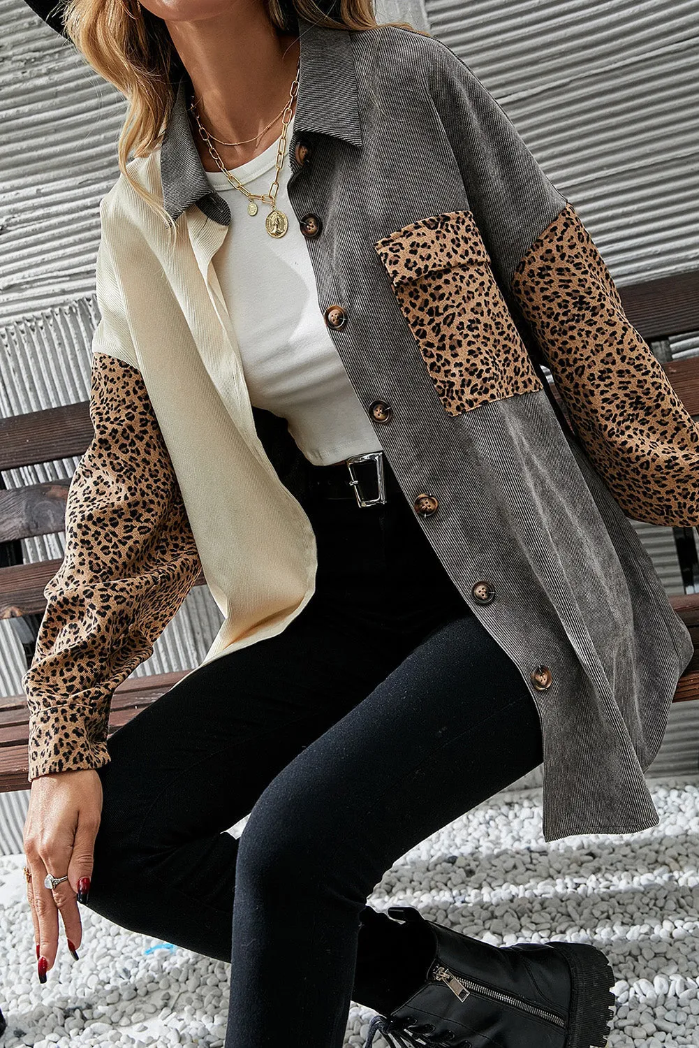 Gray Color Block Leopard Patched Corduroy Shacket