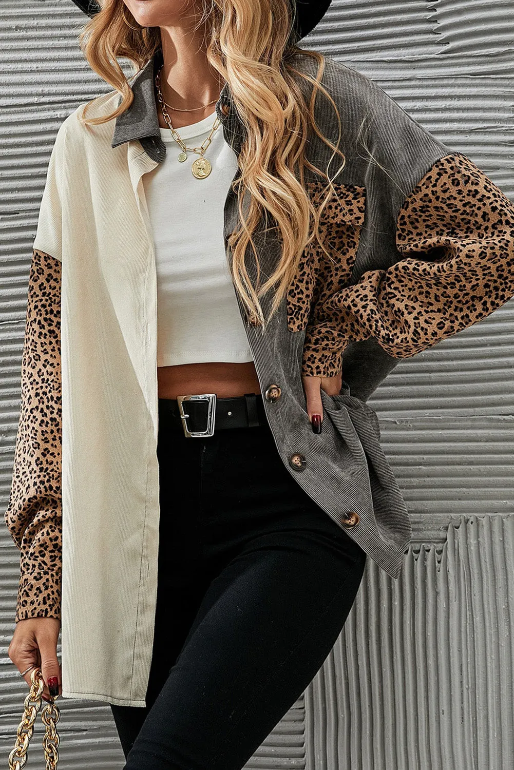 Gray Color Block Leopard Patched Corduroy Shacket