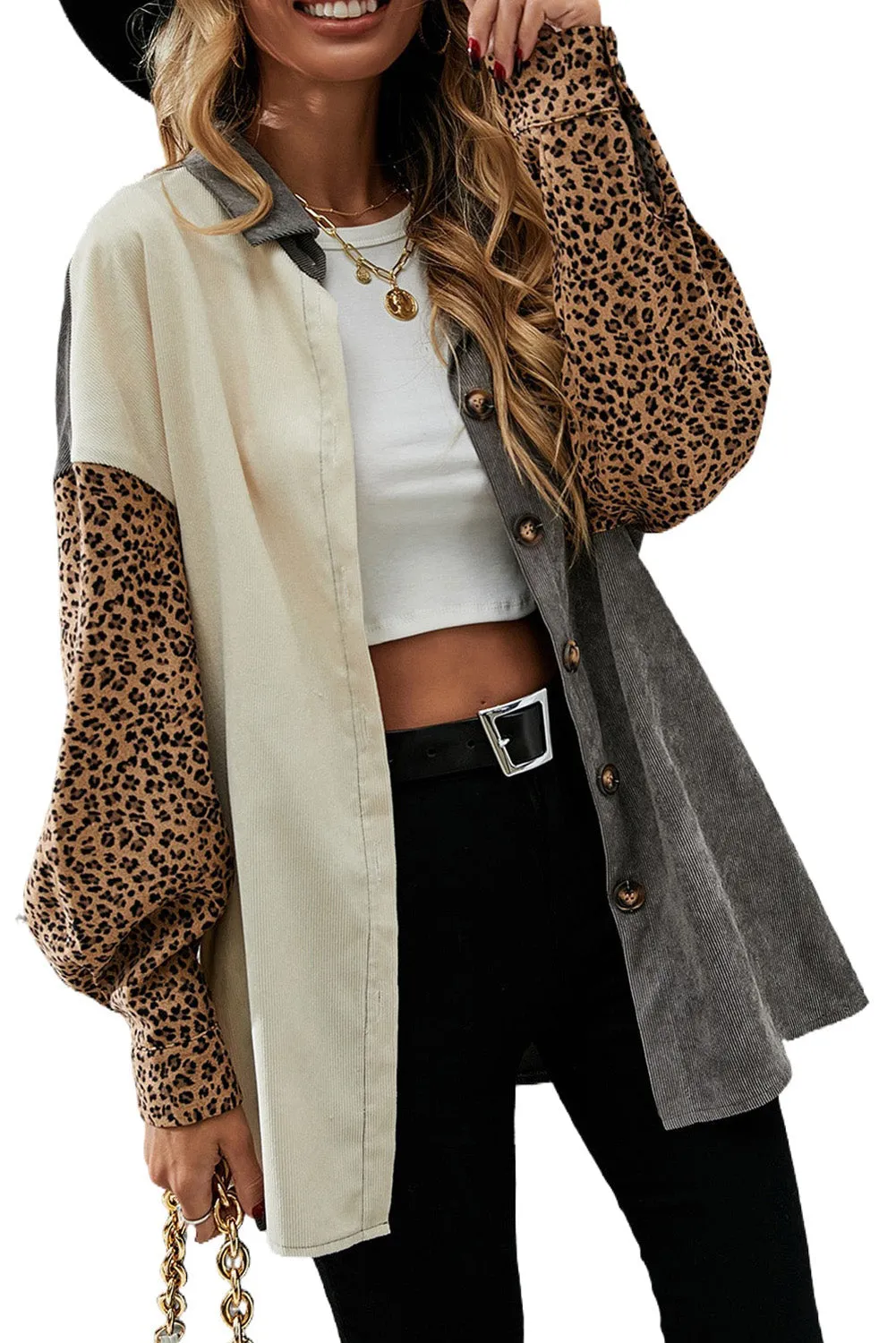 Gray Color Block Leopard Patched Corduroy Shacket