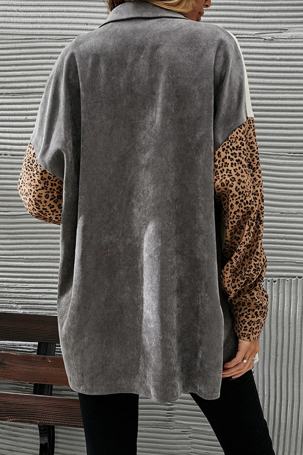 Gray Color Block Leopard Patched Corduroy Shacket