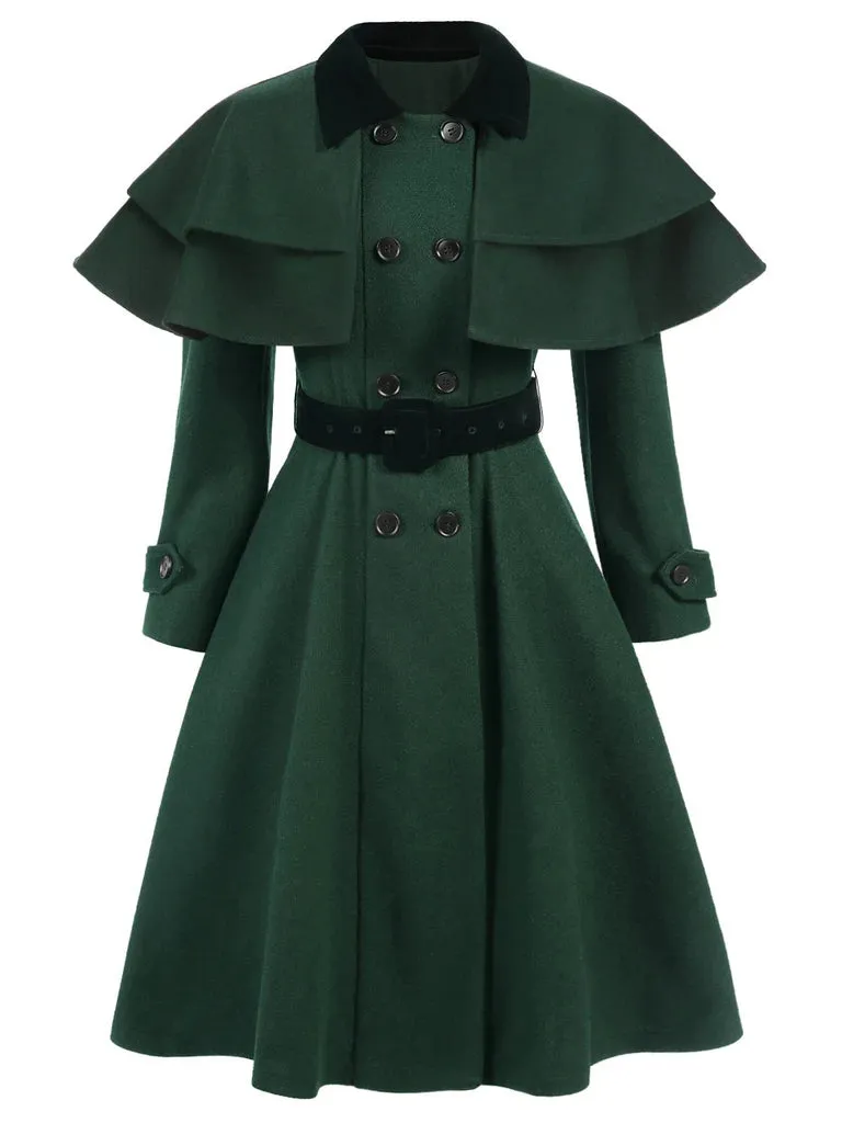 Green 1930s Double-Breasted Belted Coat With Cape