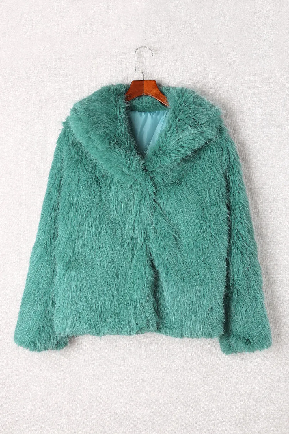 Green Collared Side Pockets Winter Fuzzy Coat