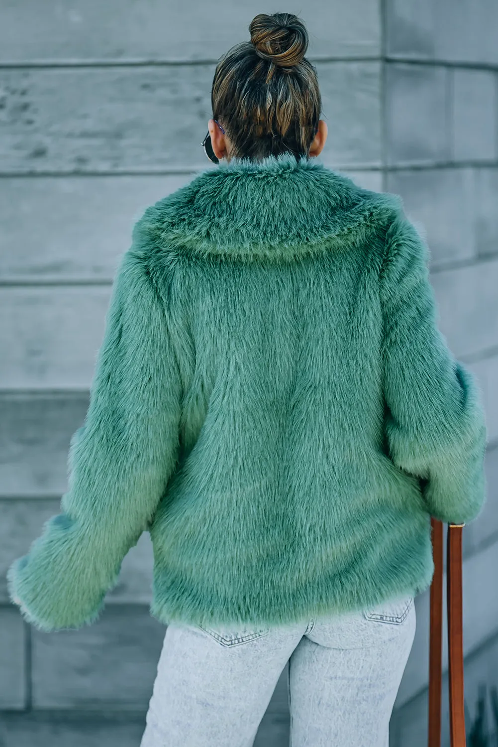 Green Collared Side Pockets Winter Fuzzy Coat