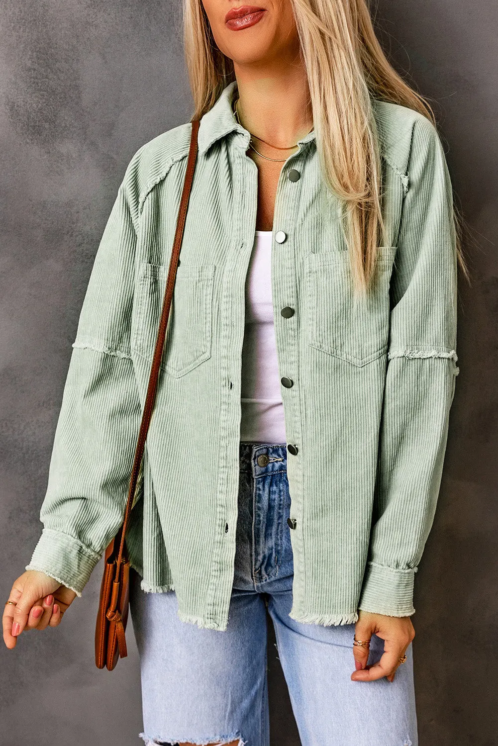 Green Frayed Boyfriend Corduroy Shacket