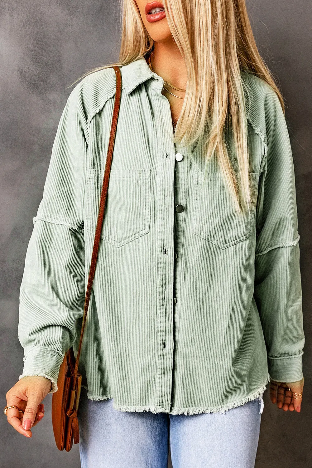 Green Frayed Boyfriend Corduroy Shacket