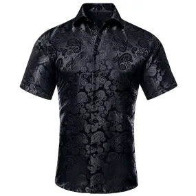 Hi-Tie Mens Summer Top Black Paisley Silk Short Sleeve Button Up Shirt