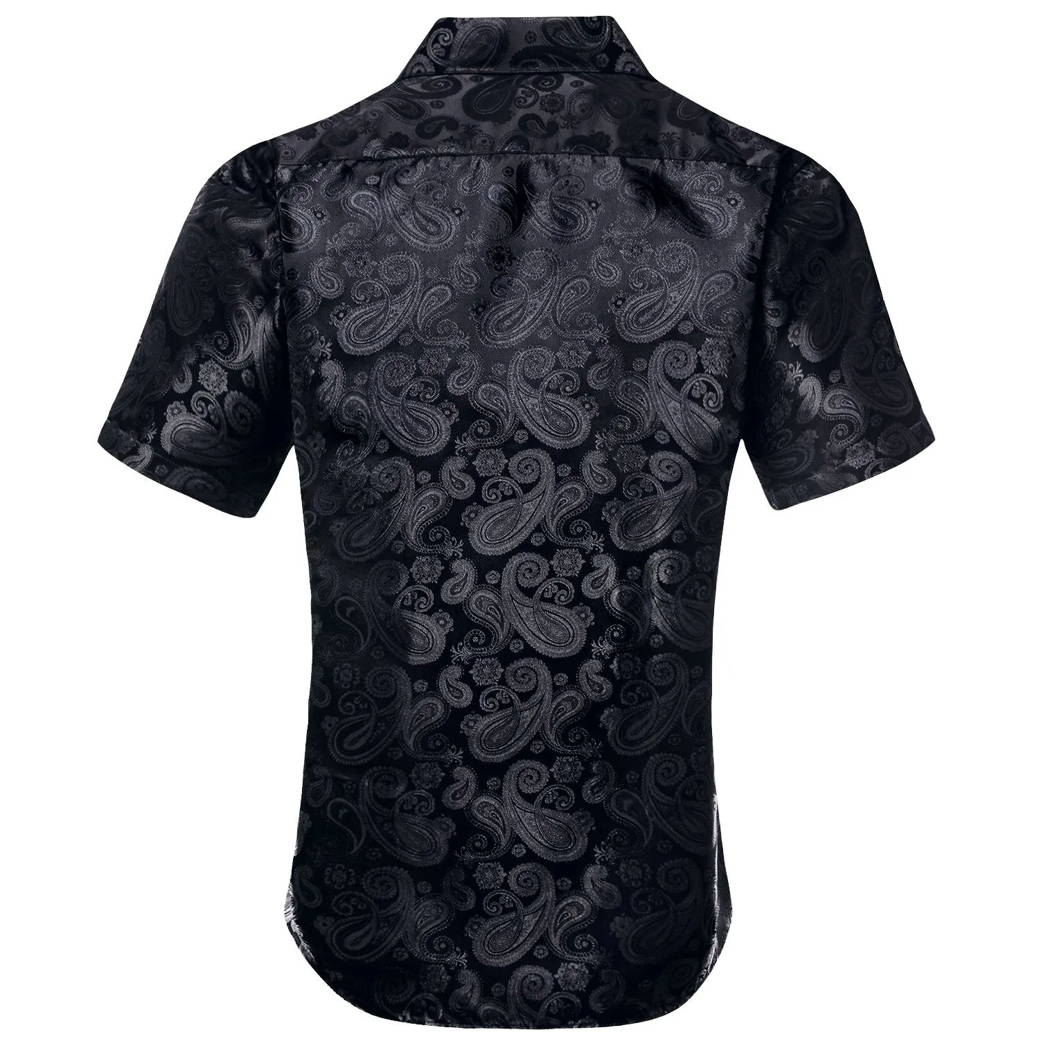 Hi-Tie Mens Summer Top Black Paisley Silk Short Sleeve Button Up Shirt