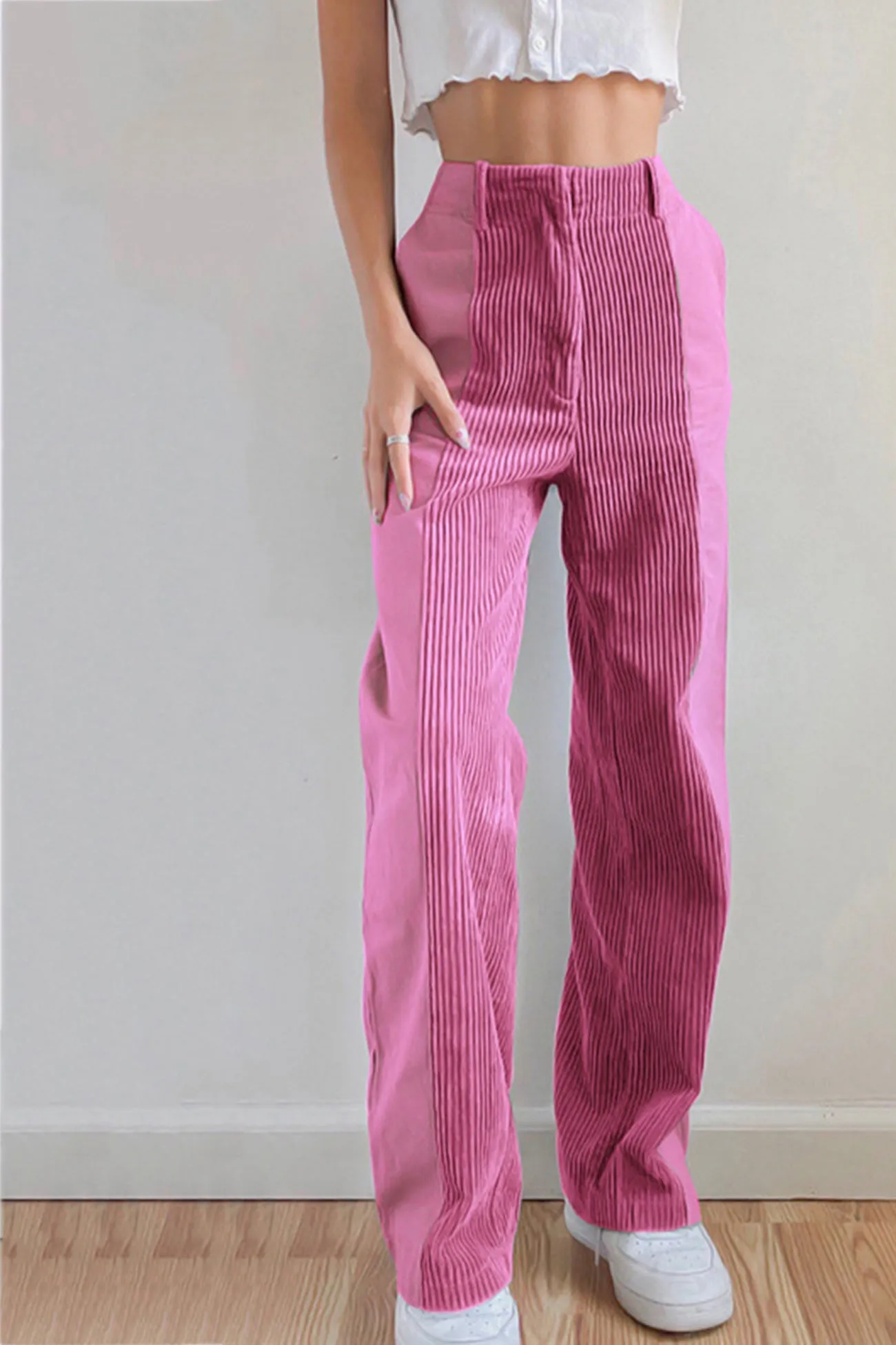 High Waist Corduroy Patchwork Long Pants