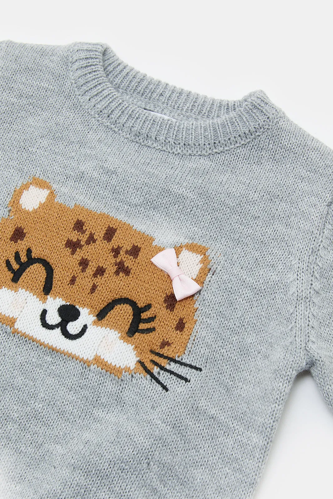 Infant Girls Grey Cheetah Knitted Pullover