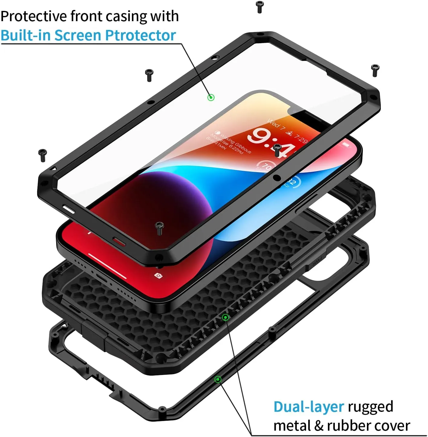 iPhone 14 Plus Metal Case, Heavy Duty Shockproof iPhone 14 Plus 6.7 inch, Black