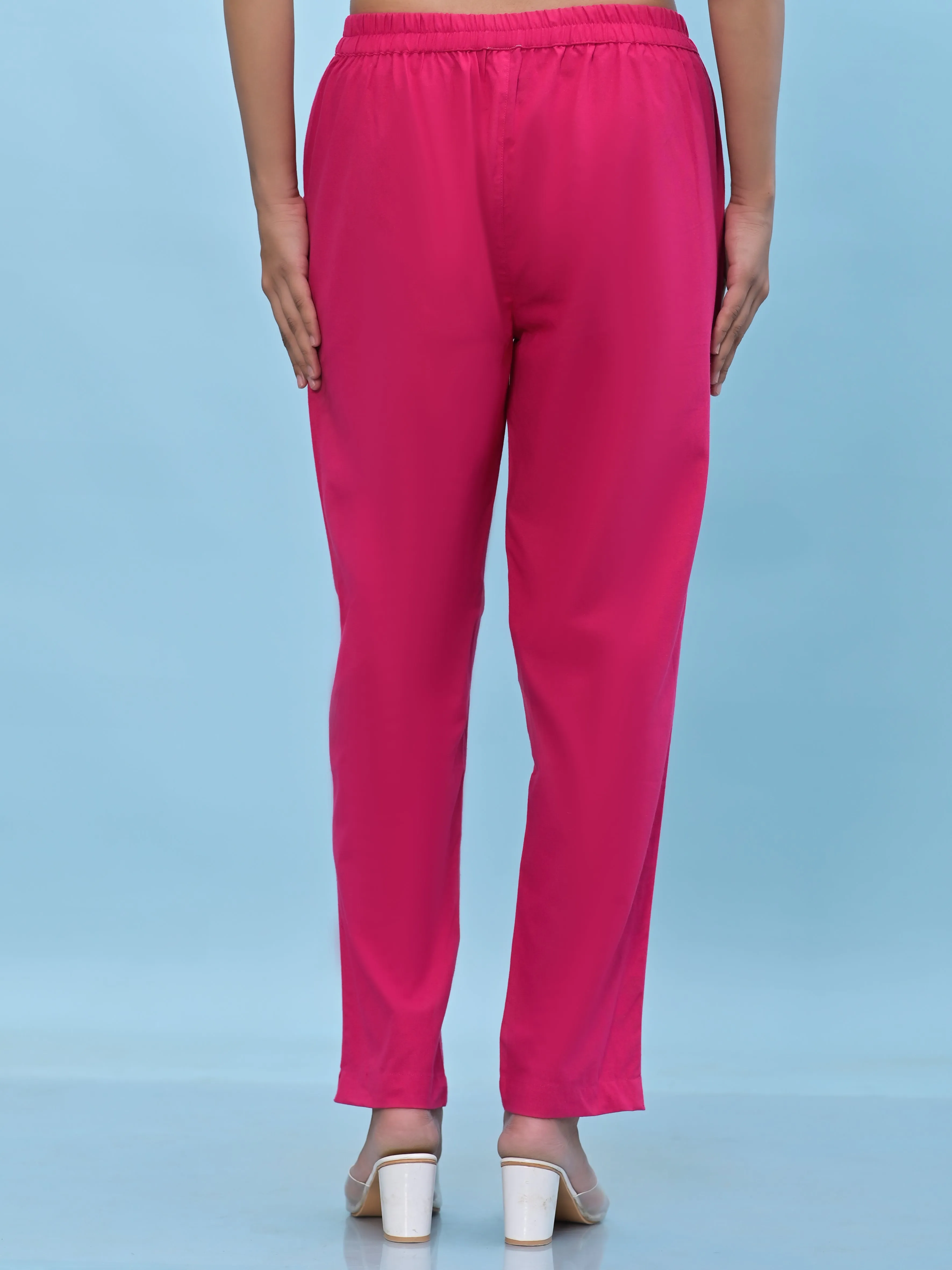 Jashvi Women Fuchsia Solid Cotton Pants with Partially Elasticated Waistband and Two Side Pockets