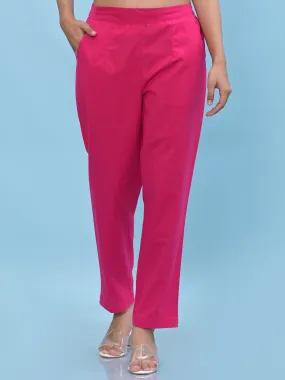 Jashvi Women Fuchsia Solid Cotton Pants with Partially Elasticated Waistband and Two Side Pockets