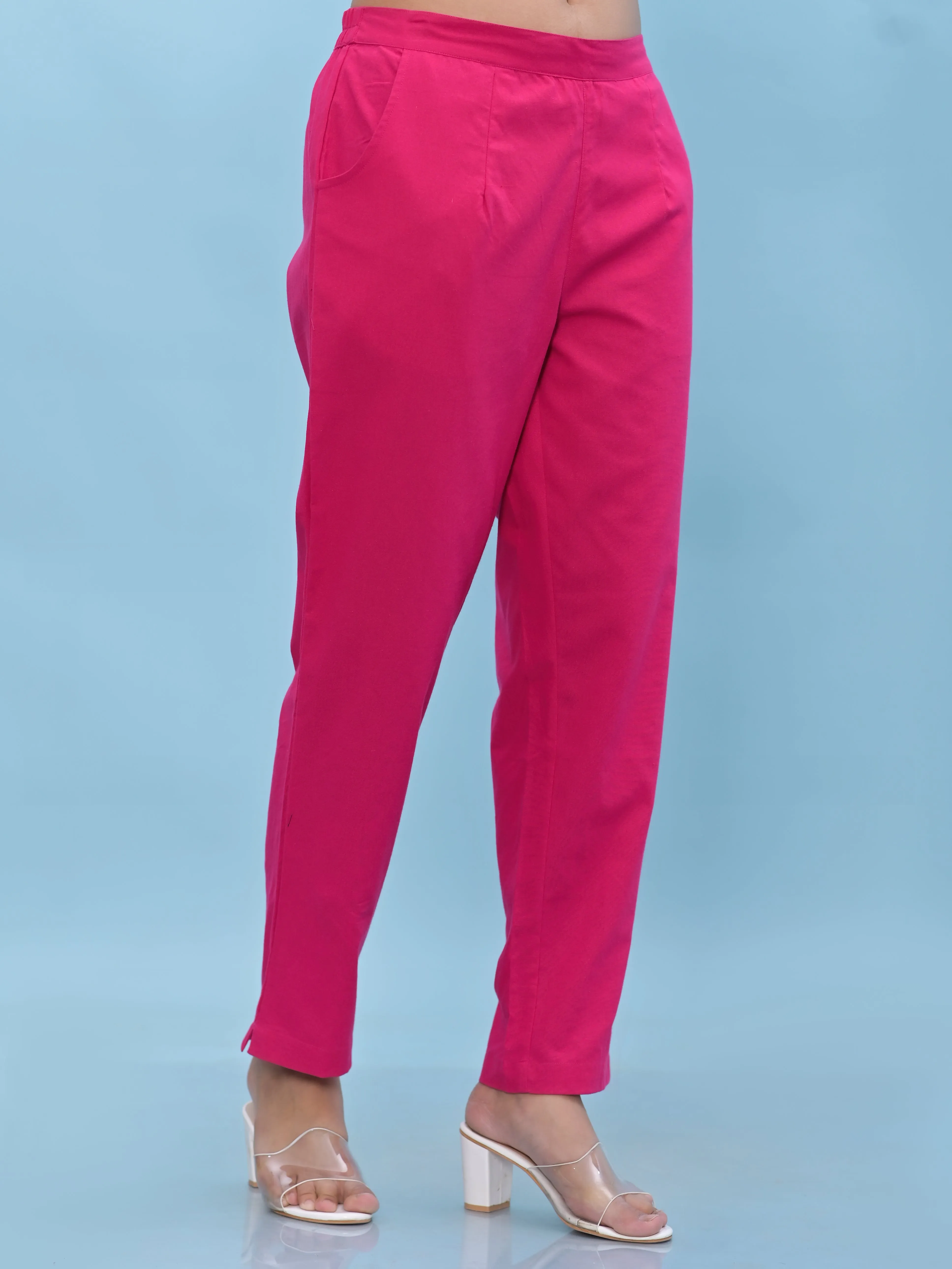 Jashvi Women Fuchsia Solid Cotton Pants with Partially Elasticated Waistband and Two Side Pockets