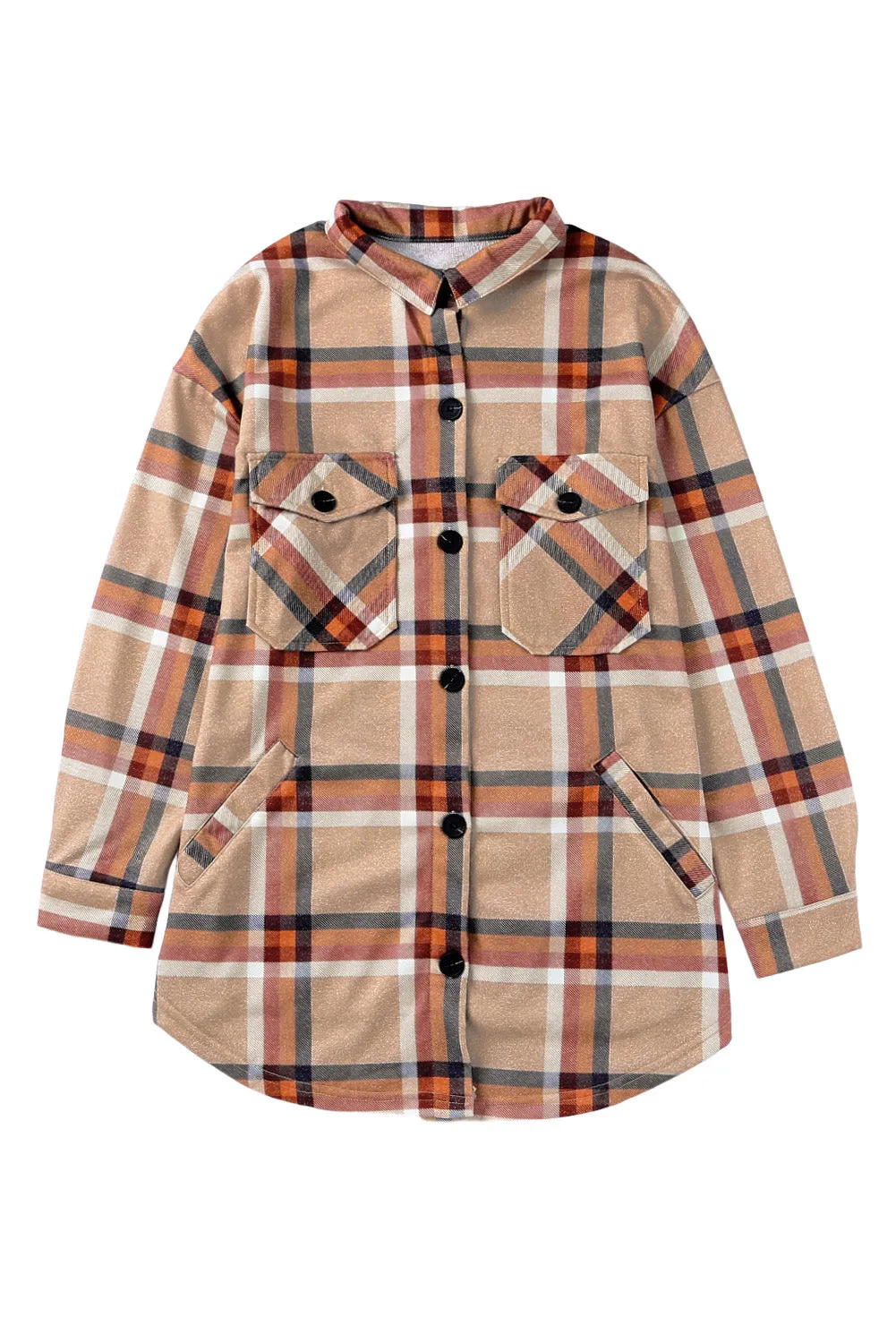 Khaki Chest Pockets Buttoned Oversized Plaid Shacket