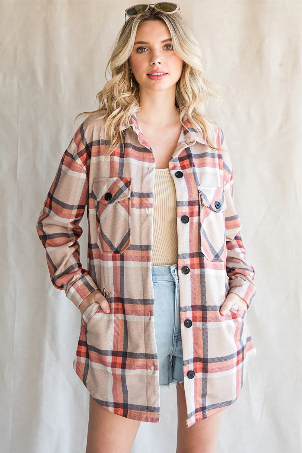 Khaki Chest Pockets Buttoned Oversized Plaid Shacket