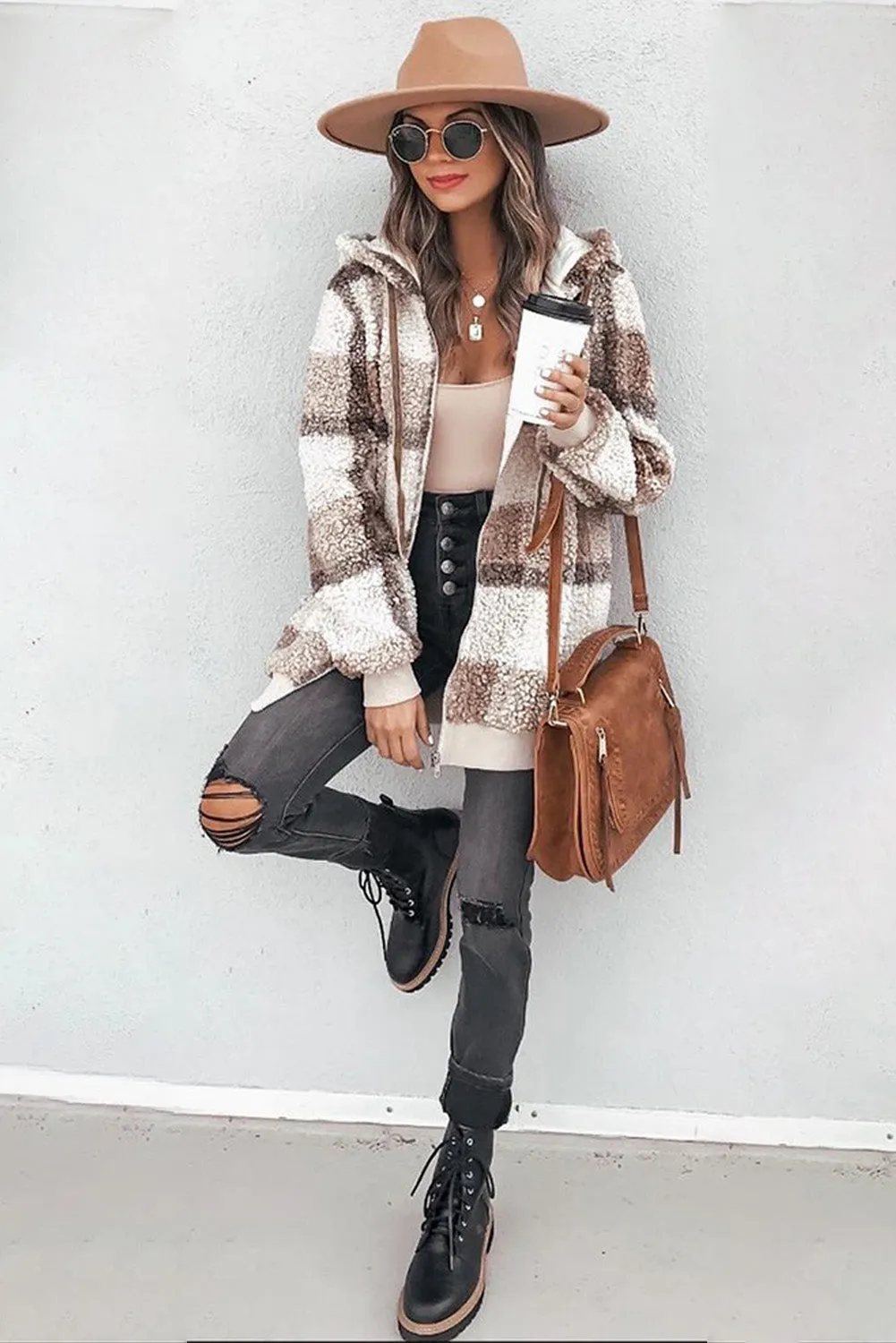 Khaki Plaid Print Zipper Fleece Hooded Coat