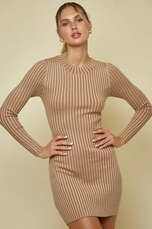 Khaki Twisted Back Long Sleeve Sweater Dress