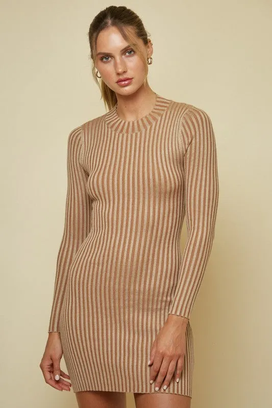 Khaki Twisted Back Long Sleeve Sweater Dress