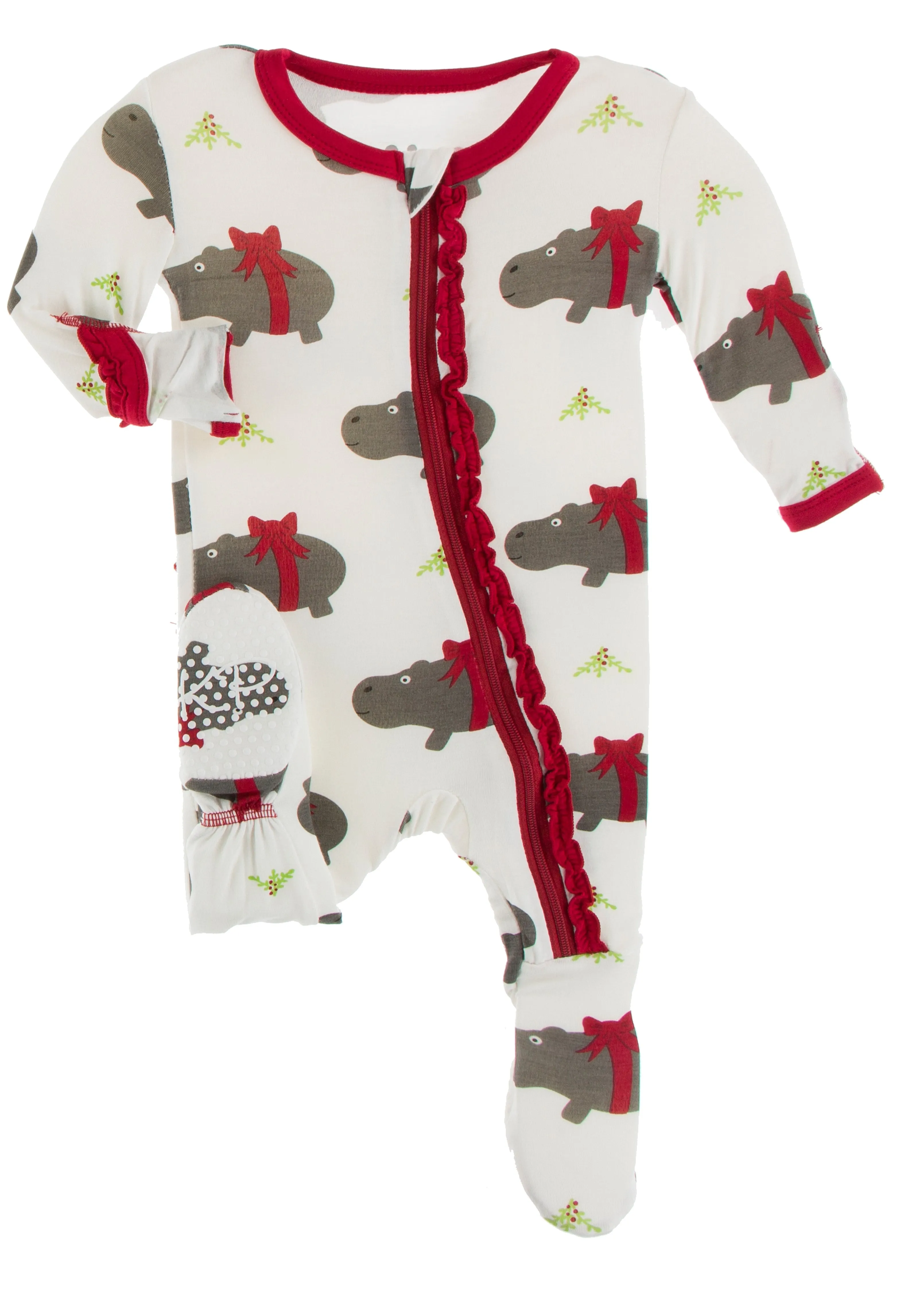 KicKee Pants Natural Christmas Hippo Muffin Ruffle Footie with Zipper