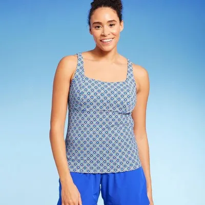 Lands' End Women's UPF 50 Geo Print Border Underwire Square Neck Tankini Top