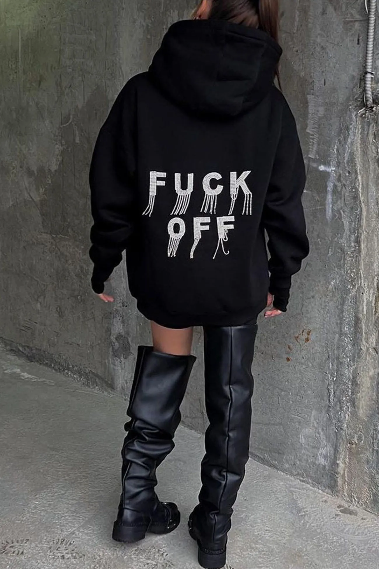 Letter Hot Drilling Fringed Hoodie