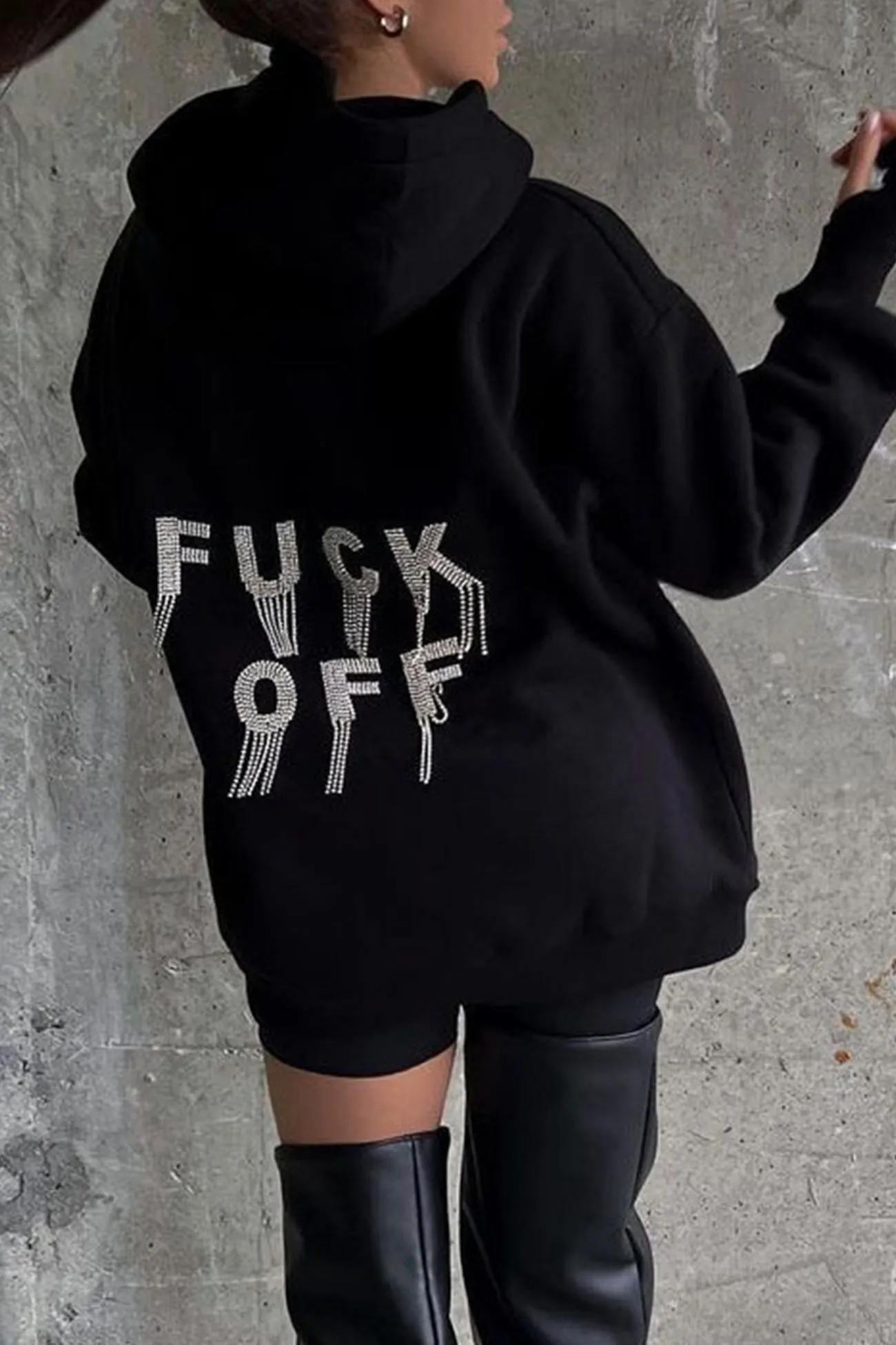 Letter Hot Drilling Fringed Hoodie