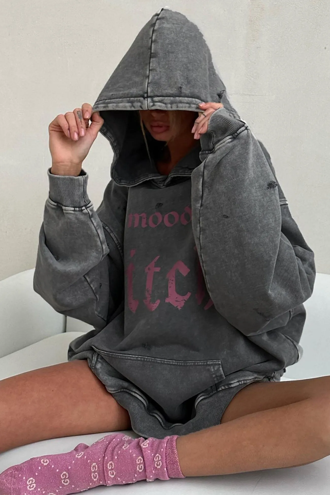 Letter Print Distressed Hoodie