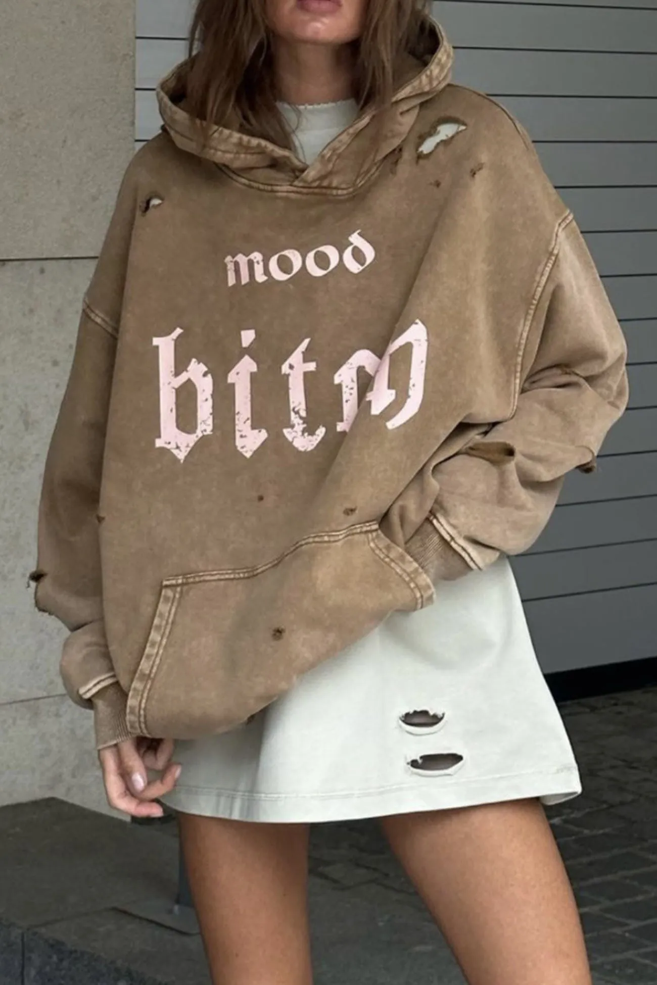 Letter Print Distressed Hoodie