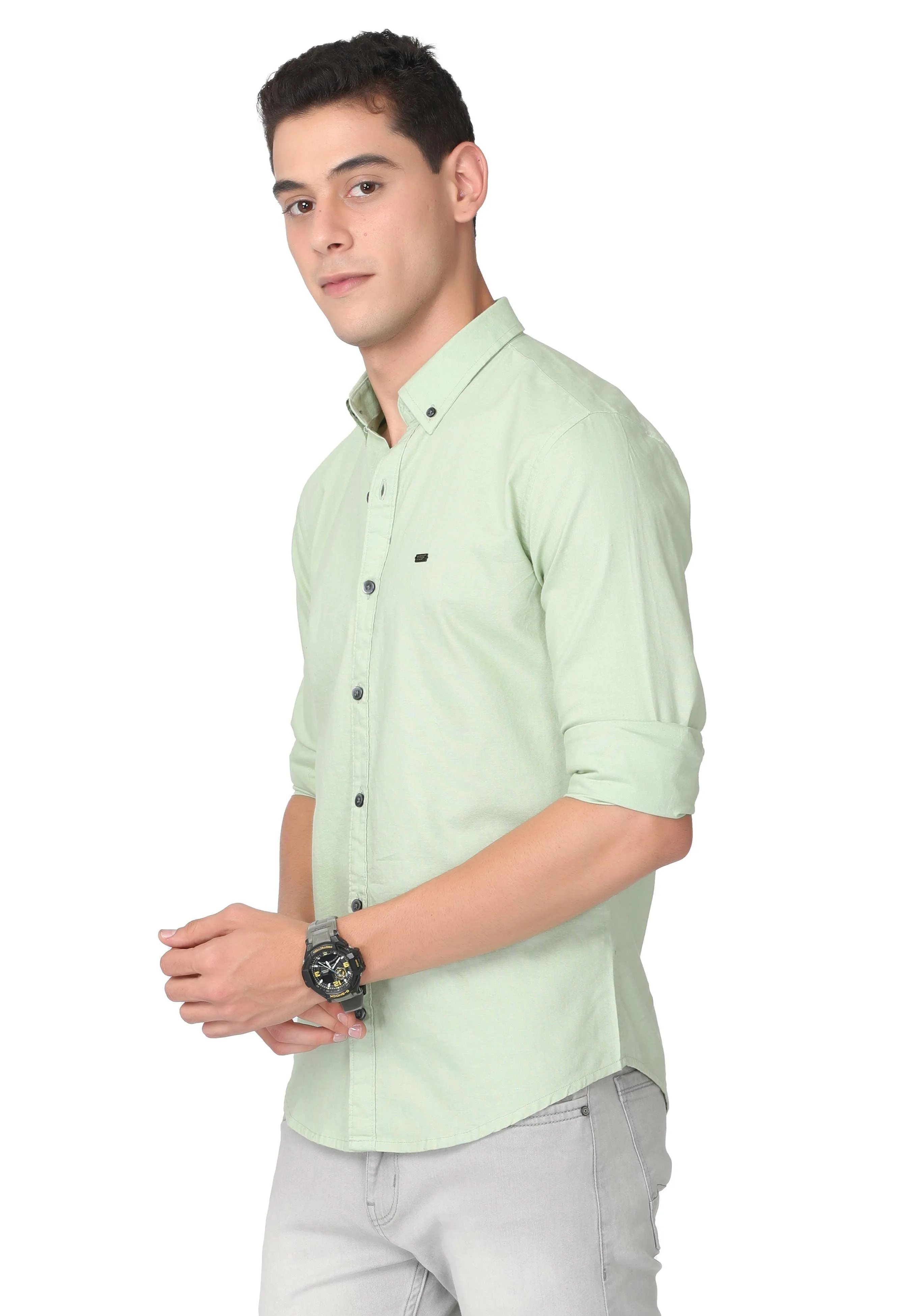 Light Green Solid Regular Fit Casual Shirt