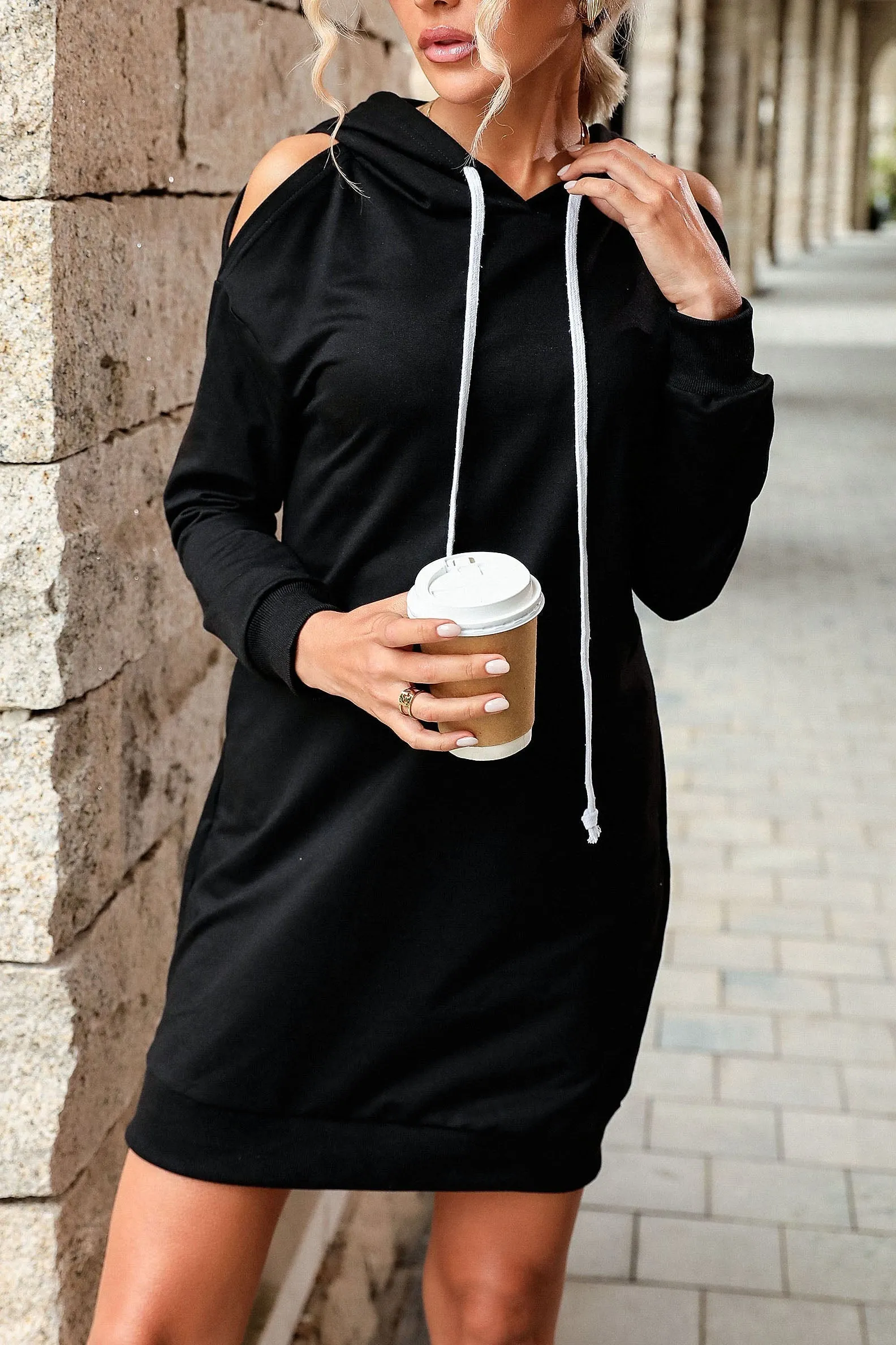 Long Sleeve Off Shoulder Hooded Sweater Dress