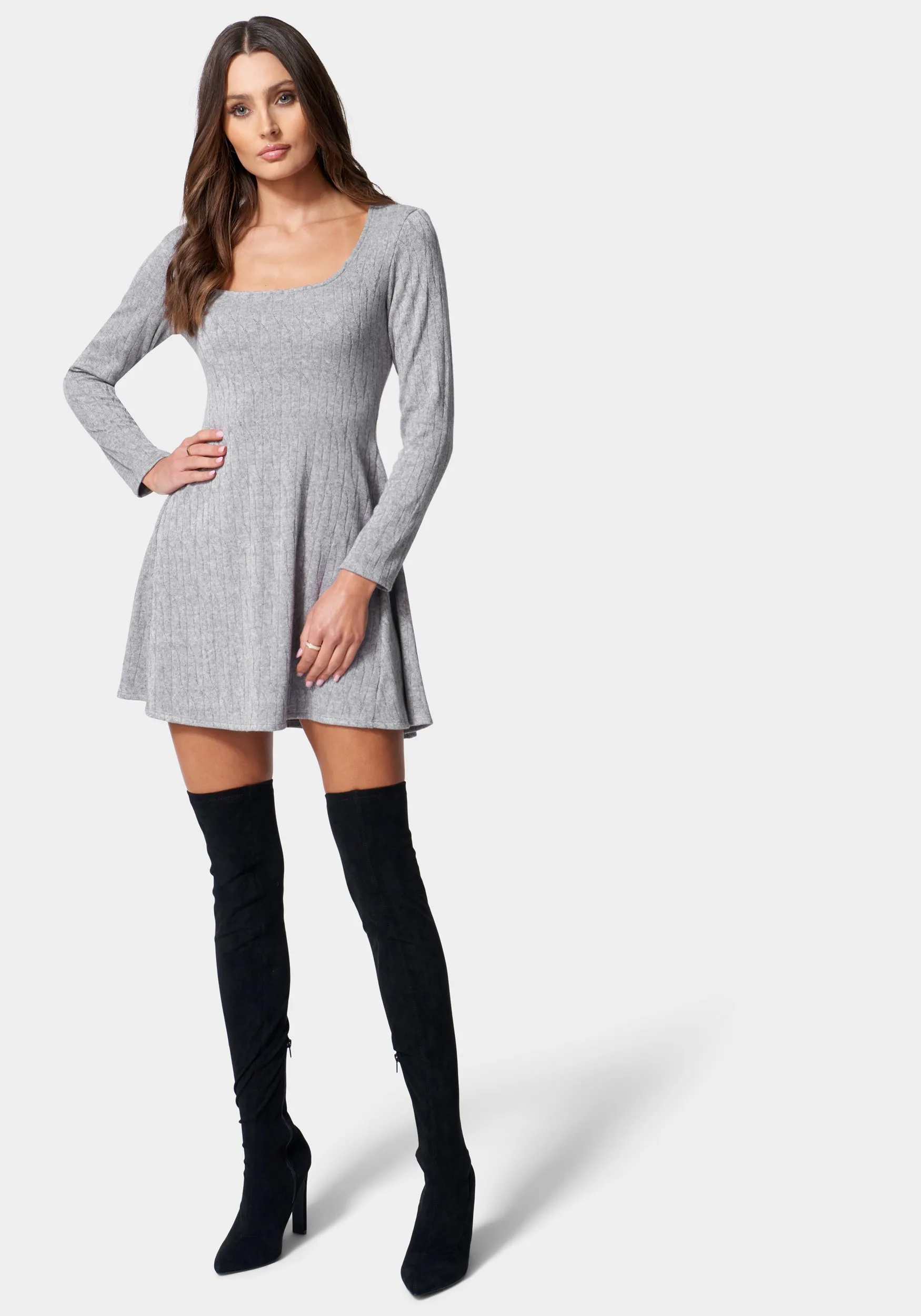 Long Sleeve Square Neck Rib Dress