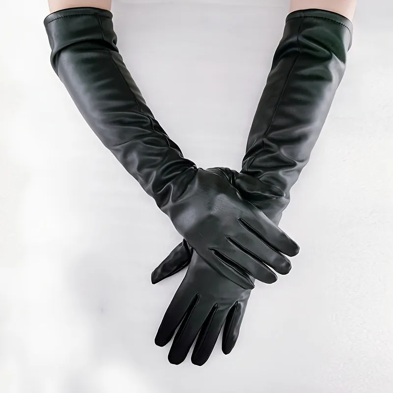 Luxurious Long Touchscreen Gloves - Waterproof, Warm, Simple, Stylish, Split Finger Design for Party, Prom, Dress Up Occasions - PU Leather, Black Color