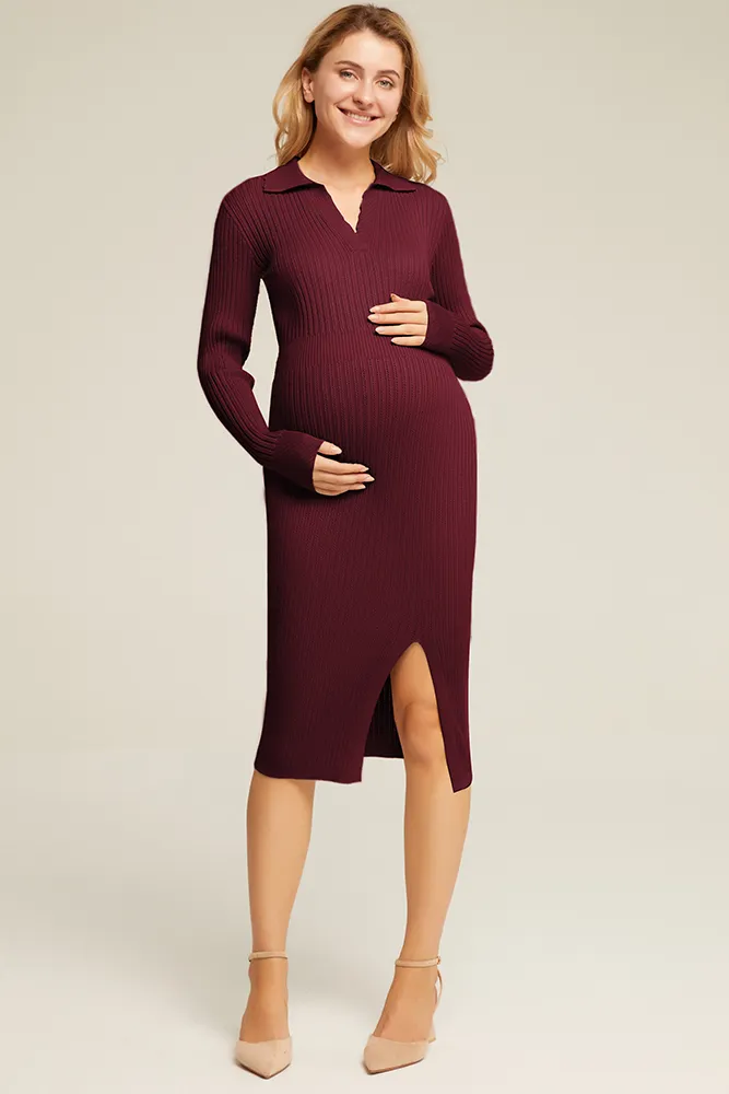 Maacie Maternity Front Slit Sweater Lapel Collar Knitted Dress