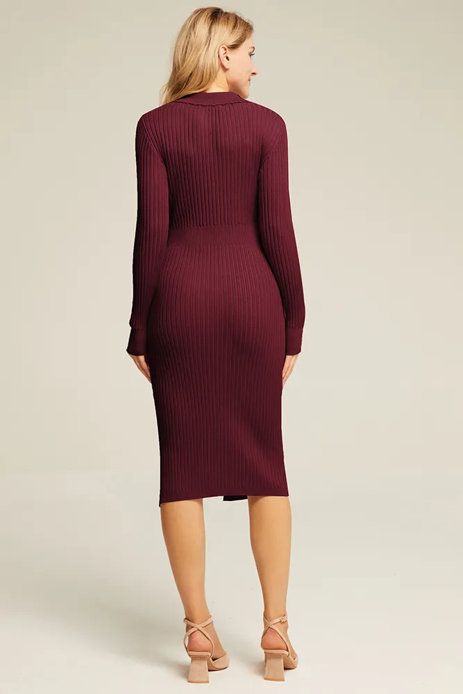 Maacie Maternity Front Slit Sweater Lapel Collar Knitted Dress