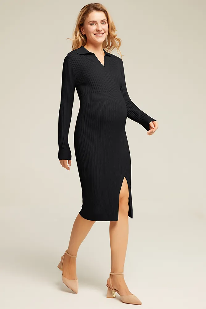 Maacie Maternity Front Slit Sweater Lapel Collar Knitted Dress