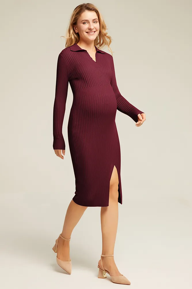 Maacie Maternity Front Slit Sweater Lapel Collar Knitted Dress