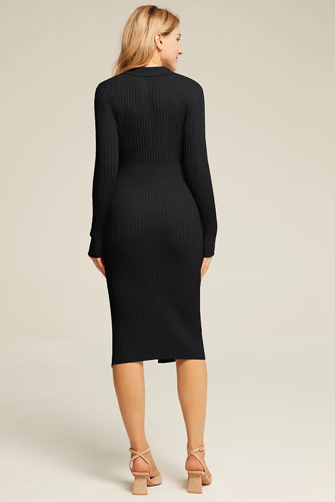 Maacie Maternity Front Slit Sweater Lapel Collar Knitted Dress