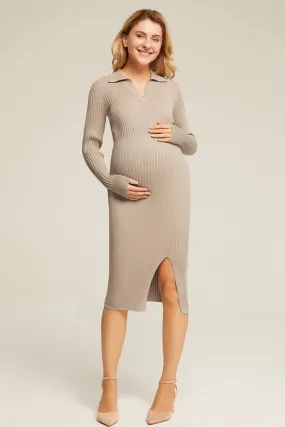 Maacie Maternity Front Slit Sweater Lapel Collar Knitted Dress