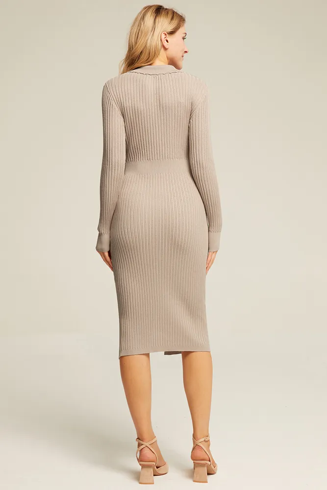 Maacie Maternity Front Slit Sweater Lapel Collar Knitted Dress