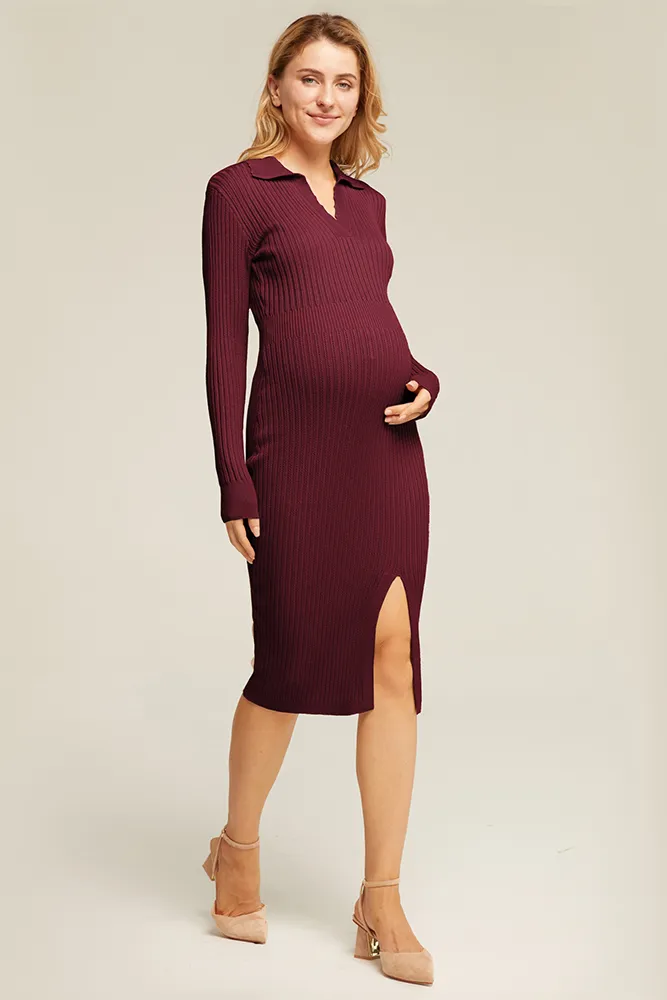 Maacie Maternity Front Slit Sweater Lapel Collar Knitted Dress