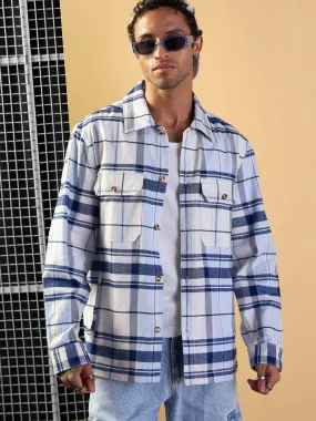 Men Blue & White Check Side Pocket Shacket