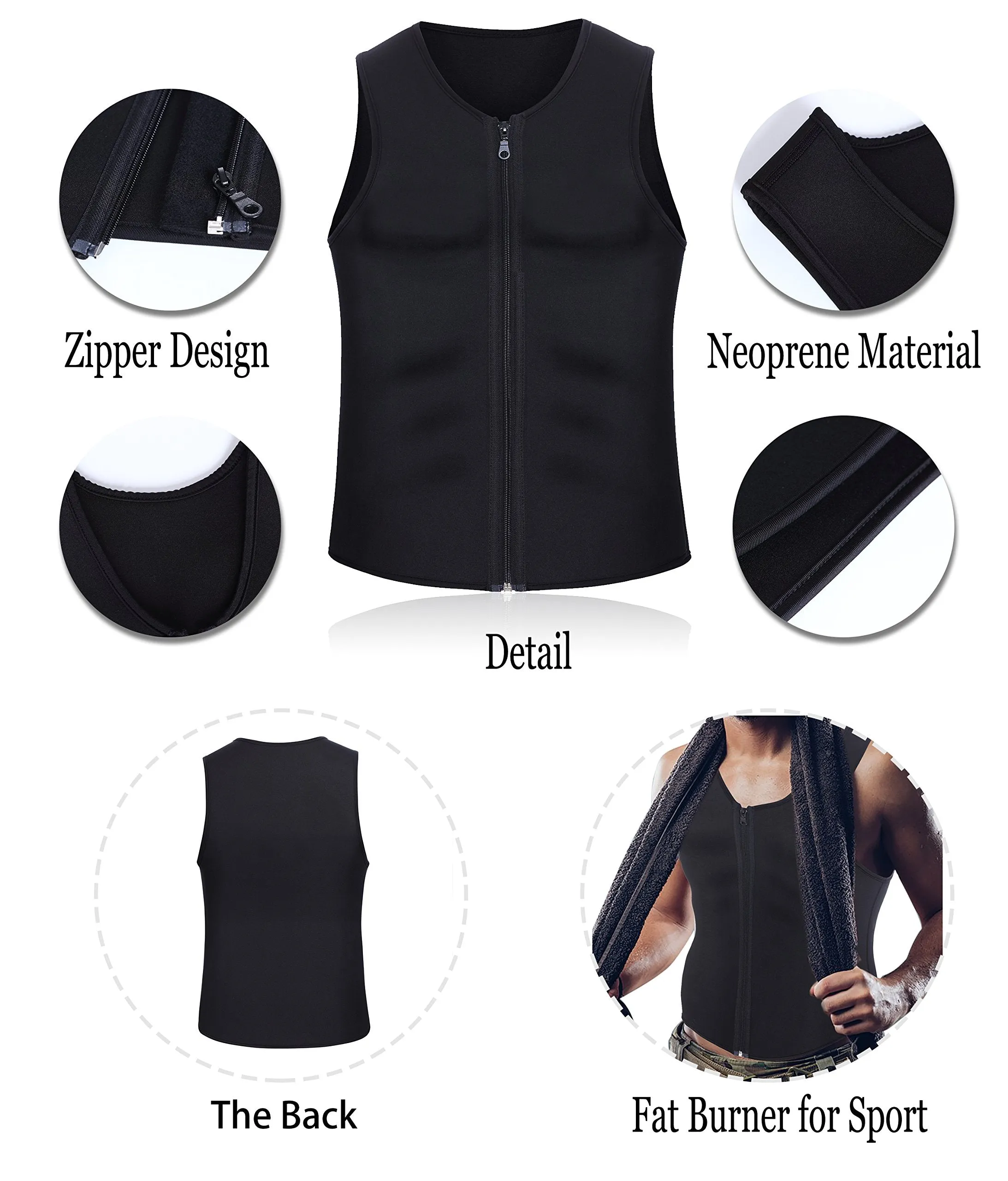 Men Waist Trainer Vest for Weightloss Hot Neoprene Corset Body Shaper Zipper Sauna Tank Top Workout Shirt (L, Black Neoprene Slimming Vest)