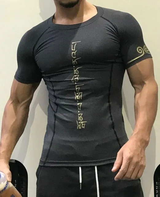 Mens Quick Dry Fitness Printed Tees Outdoor SPORT Running Climbing Short Sleeves Shirt Tights Bodybuilding Tops