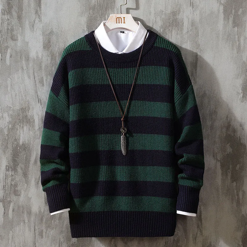 Men's Simple Round Neck Striped Pullover Sweater