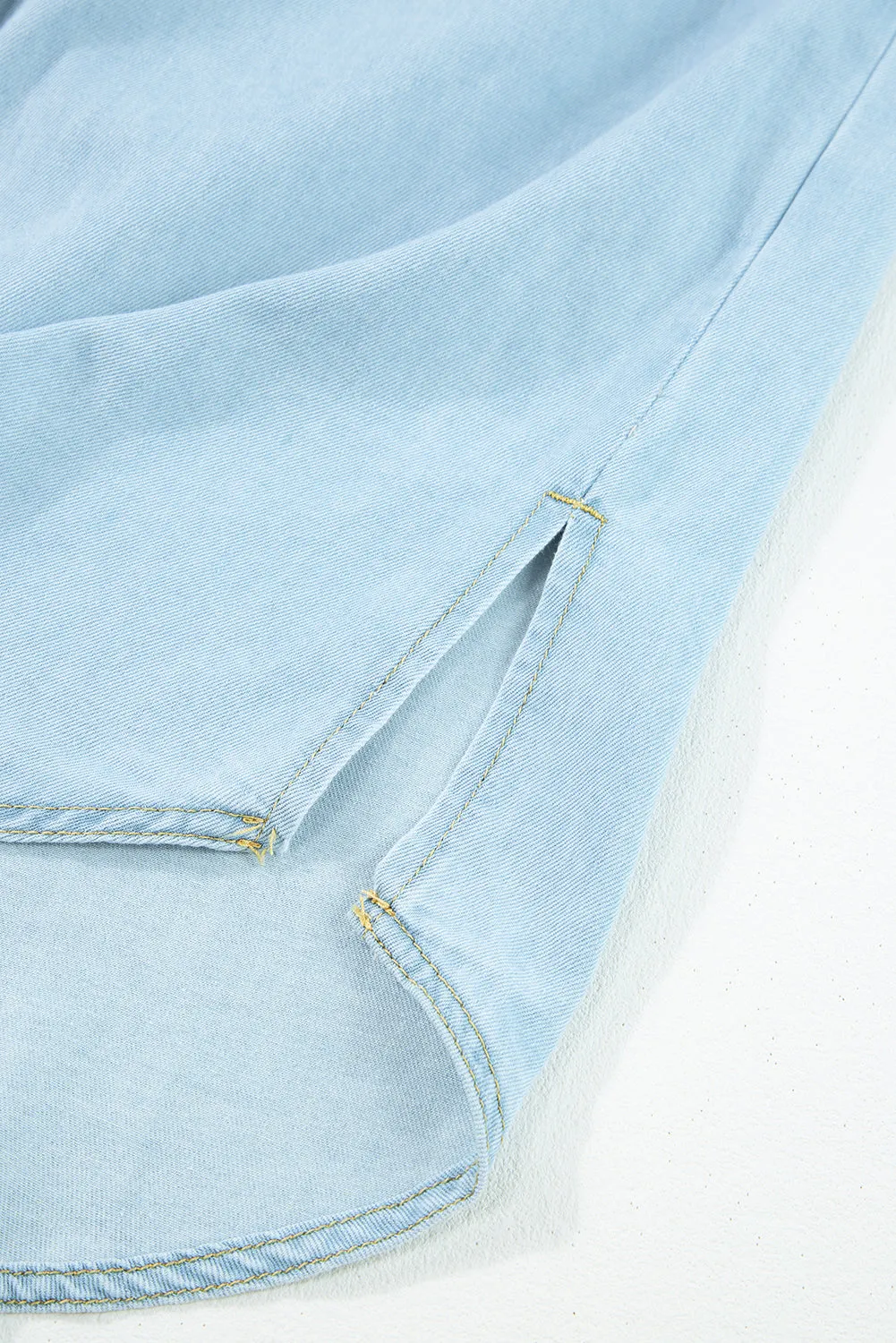 Mist Blue Light Wash Flap Pockets Rounded Hem Denim Blouse