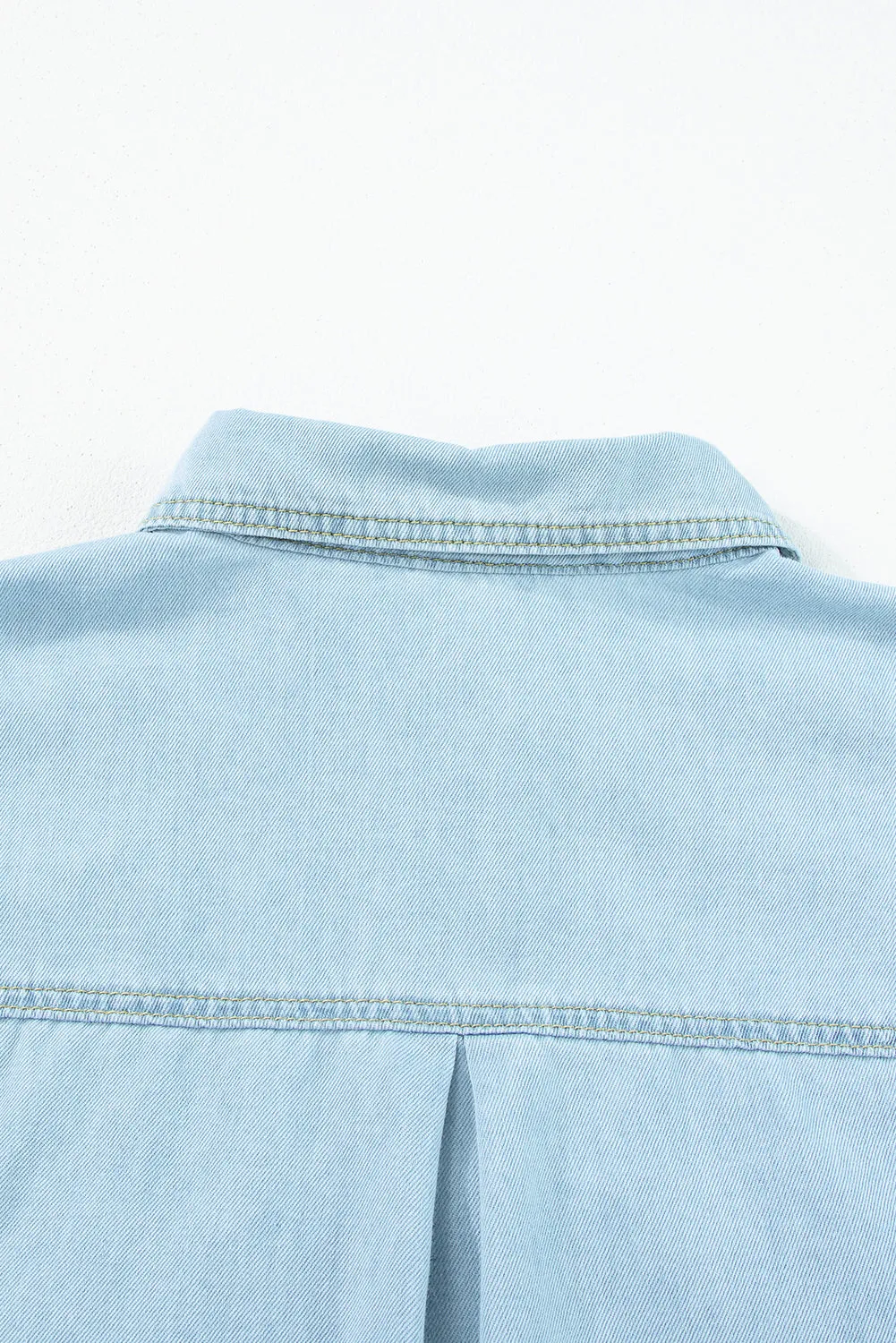 Mist Blue Light Wash Flap Pockets Rounded Hem Denim Blouse